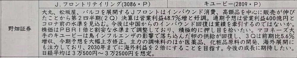 証券新聞紹介銘柄　2023年10月26日