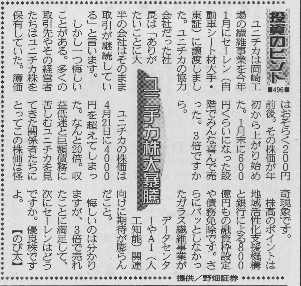 株式コラム・４９６　ユニチカ株大暴騰